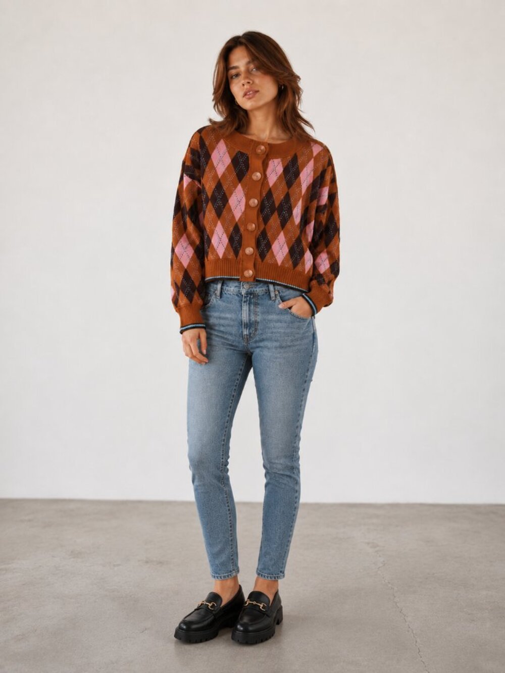 ANTHROPOLOGIE Maeve Argyle Cardigan Button Up Sweater Pink Brown Black Sz S EUC - Picture 8 of 8
